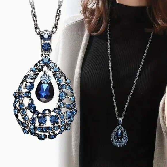 Blue Crystal Teardrop Pendant Long Necklace With Chain - Picture 1 of 3